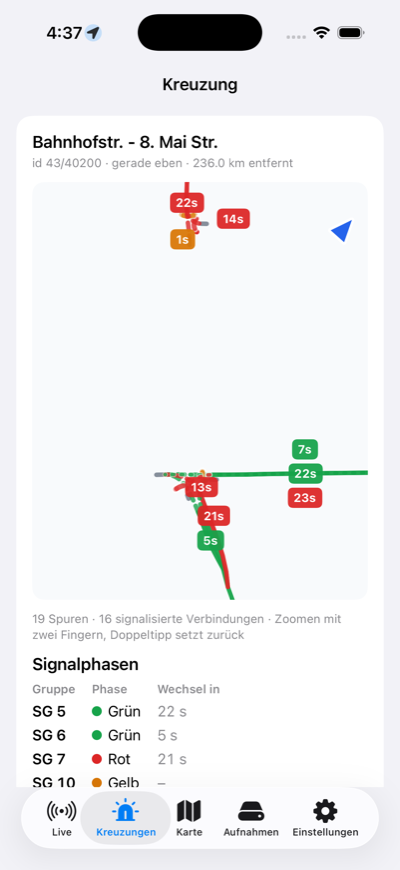 Kreuzungsansicht der iOS-App mit nach Signalphase eingefärbten Spuren und Restzeiten